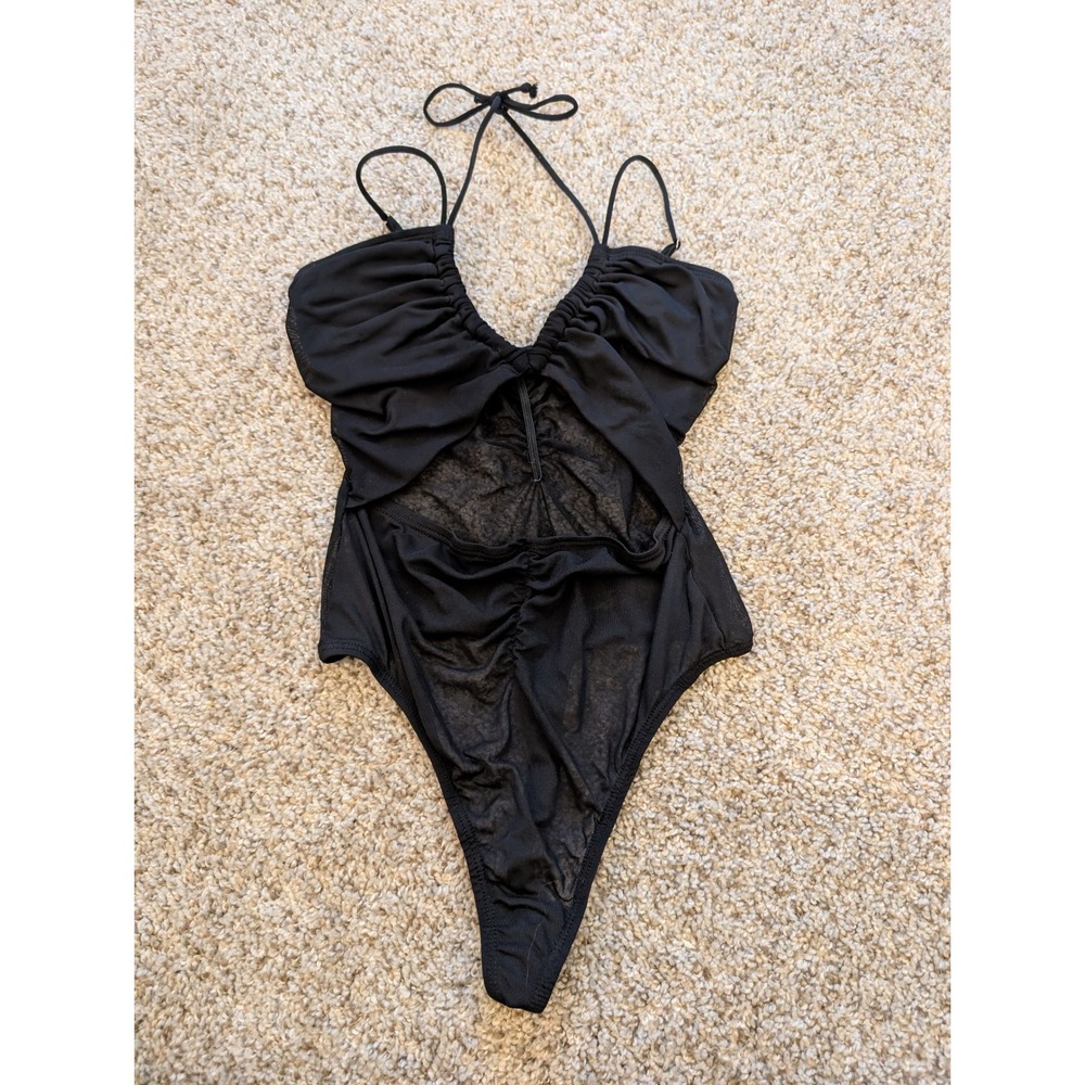 Out From Under Urban Outfitters Black Mesh Ruched Halter Cutout Bodysuit Small